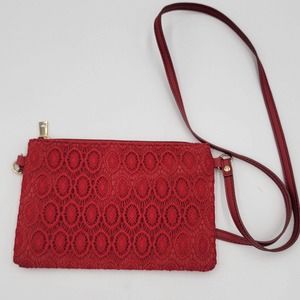 Dark Red Classy Crochet Lace Crossbody Handbag Gold Zipper Lined 7"×10"